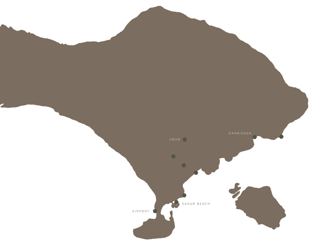 Bali map with Keanu at Keramas, surrounded by Ubud, Candidasa, Sanur Beach, Airport and other landmarks